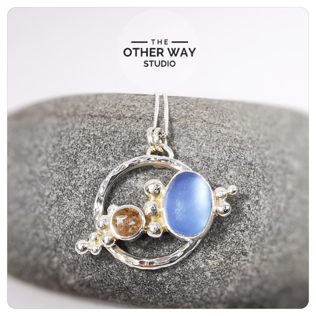 Recycled Silver, Lavender Sea Glass & Llangennith Sand Pendant