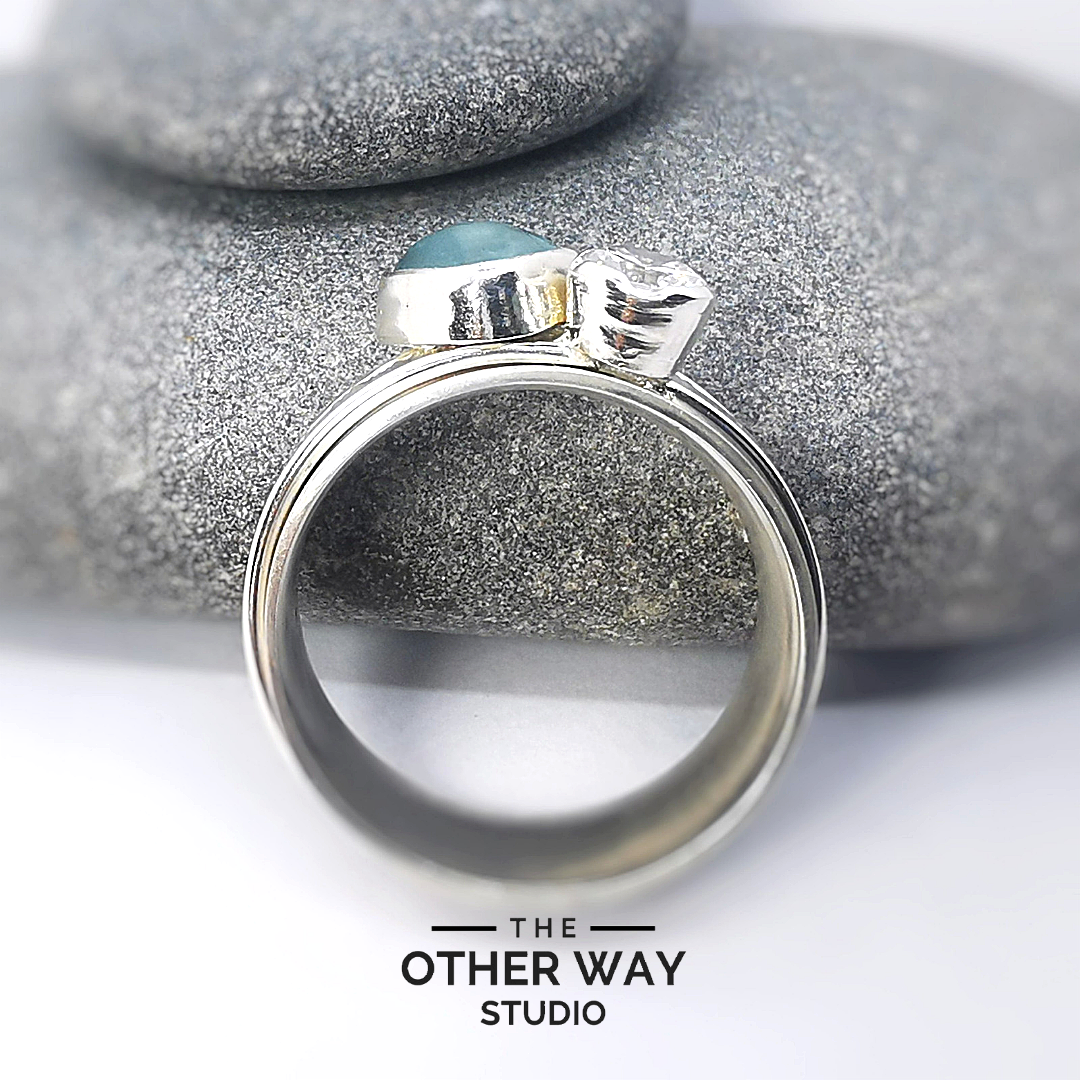 Silver & Sea Glass Triple Spinner Ring Aqua & Sparkles UK Size T