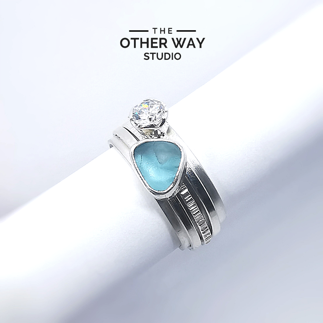 Silver & Sea Glass Triple Spinner Ring Aqua & Sparkles UK Size T