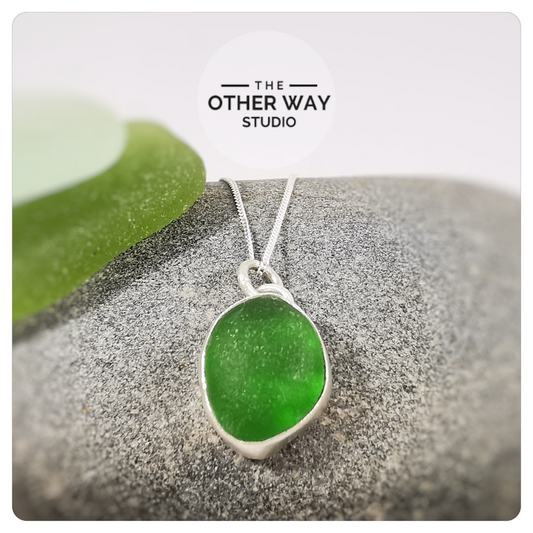 Recycled Silver & Sea Glass Pendant & Necklace - Green