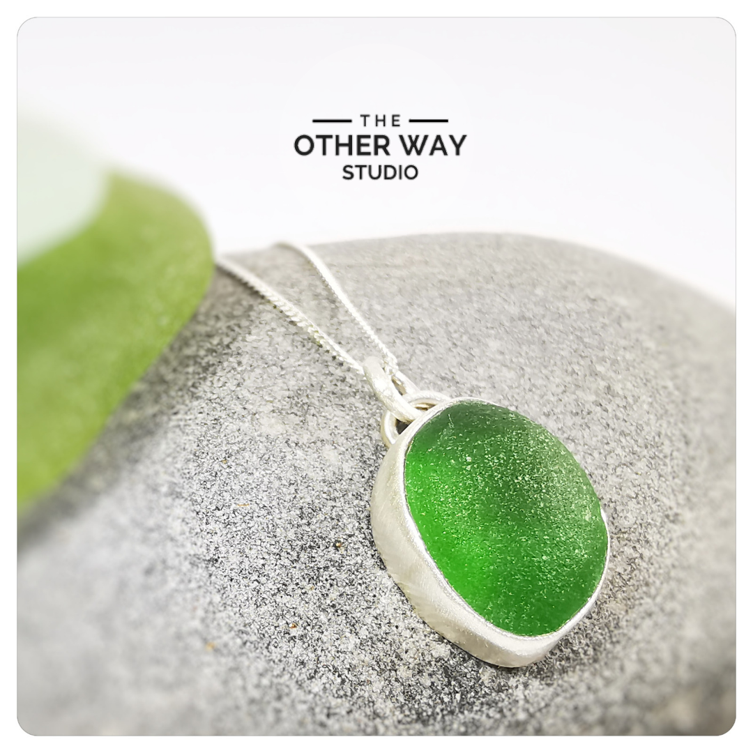Recycled Silver & Sea Glass Pendant & Necklace - Green