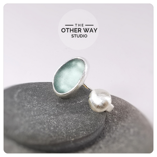Silver Pebble & Sea Glass Open Front Ring