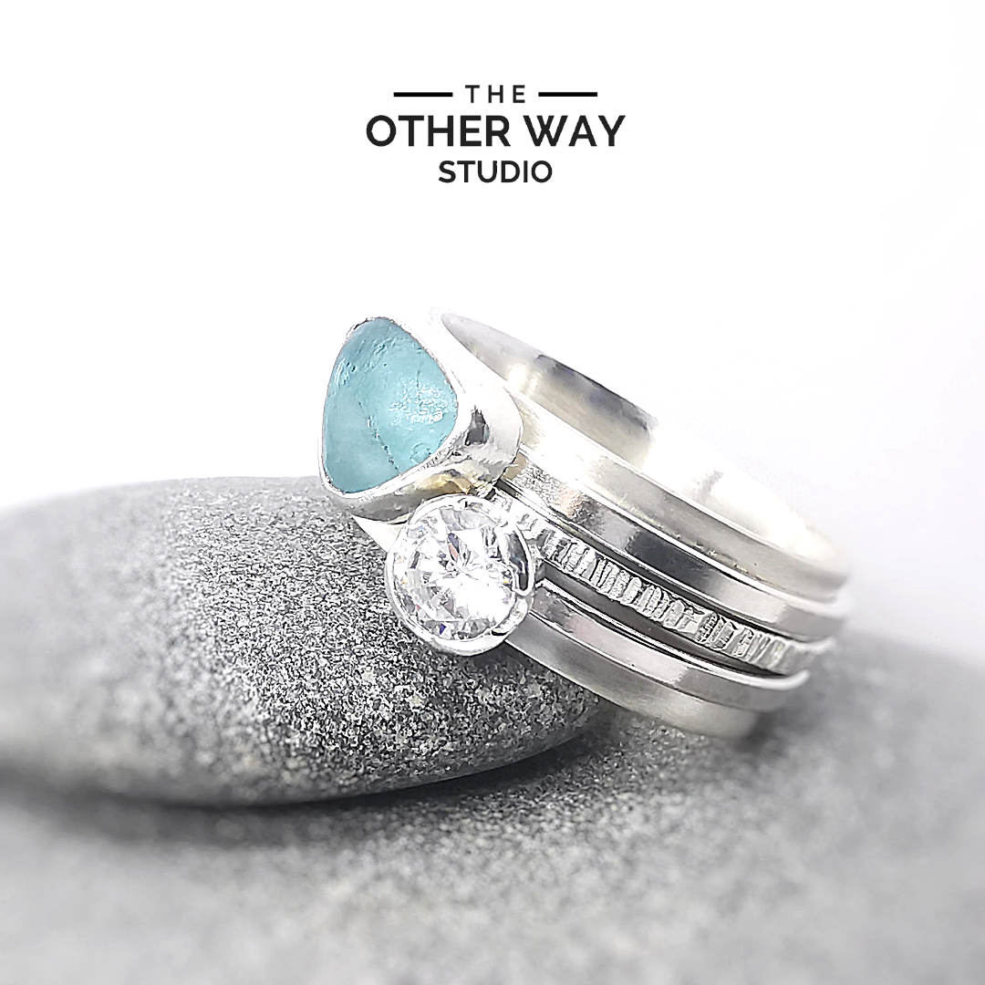 Silver & Sea Glass Triple Spinner Ring Aqua & Sparkles UK Size T