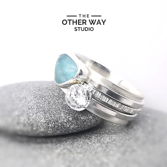 Silver & Sea Glass Triple Spinner Ring Aqua & Sparkles UK Size T