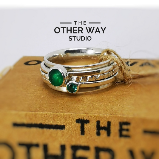 Silver & Sea Glass Triple Spinner Ring Green & Sparkles Size P